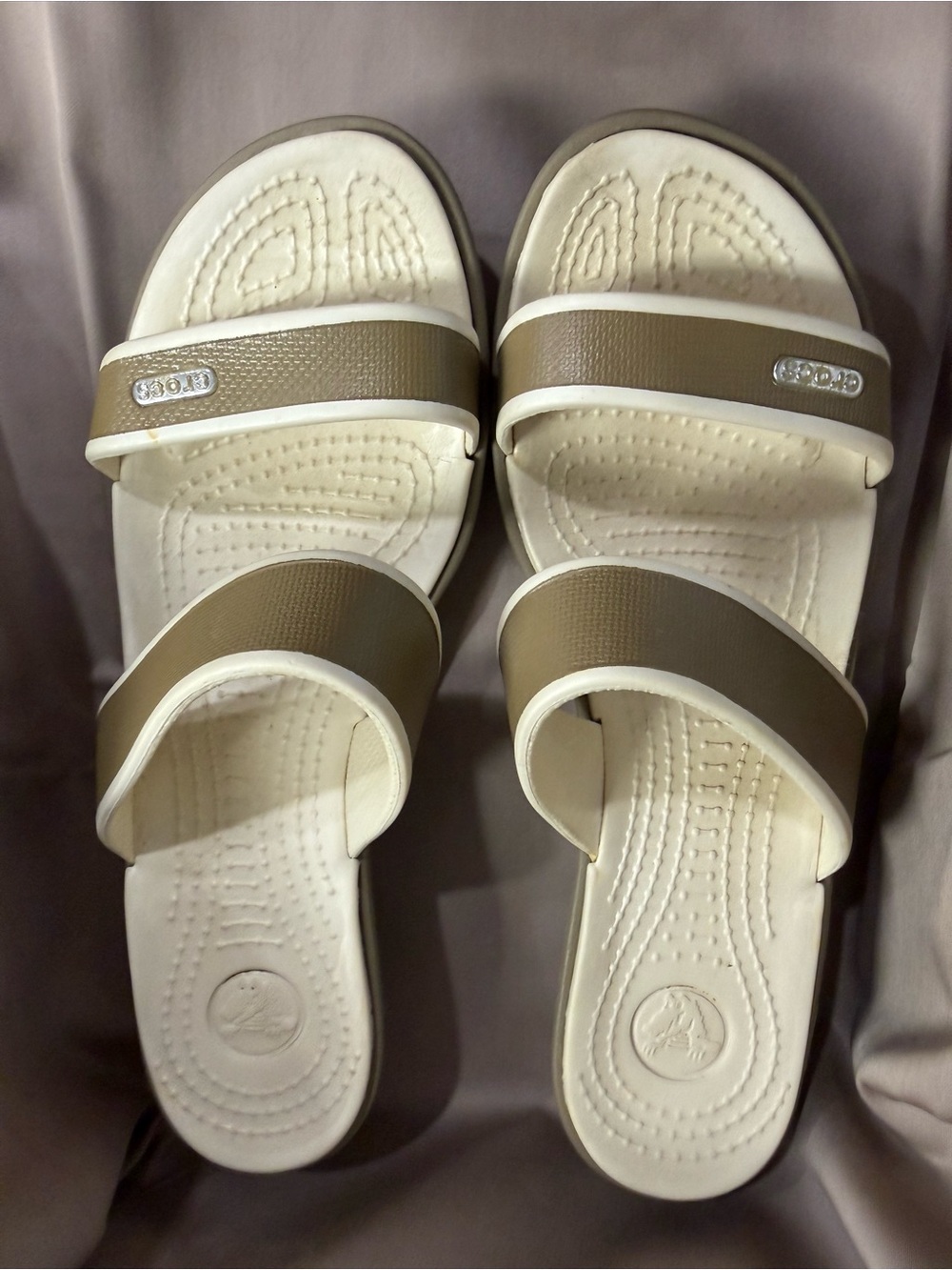 CROCS Women’s Dual-Strap Slide Sandals - Taupe and White